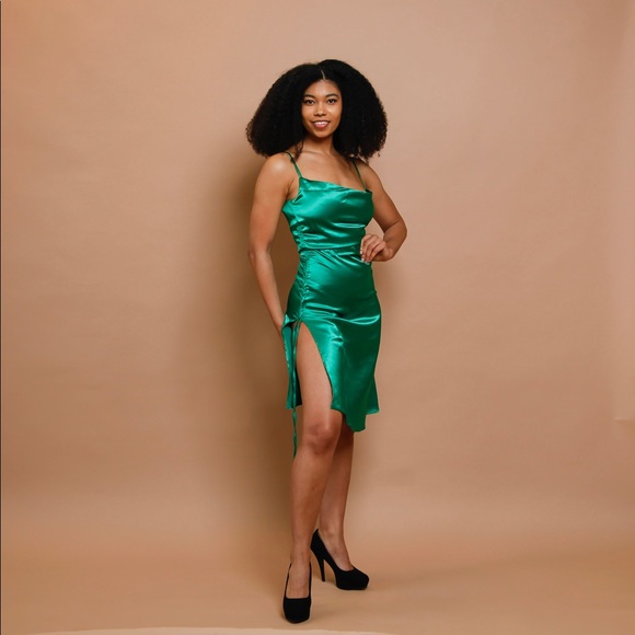 Emerald Satin Mini Dress |Adjustable Straps/Slit Detail/Holiday Party–Size S M L - Picture 8 of 13